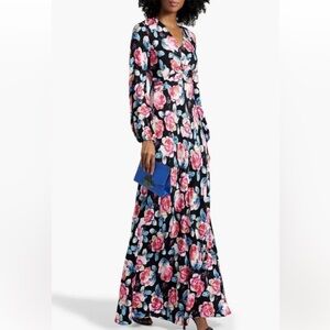 Diane Von Furstenberg Monika Black Maxi Dress with Pink Floral Print. New.Size 6